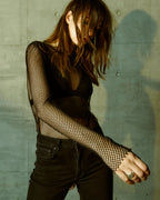 Womens Net Mesh Ls Top Black Fitted Fashion Tops - Black