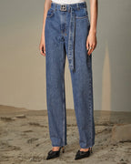 Womens Playback Belted Heritage Straight Denim Jeans - Denim