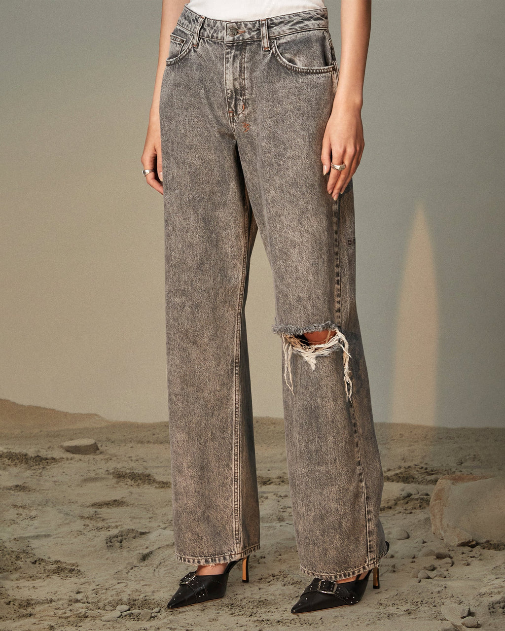 Womens Low Rider Dime Sliced Baggy Denim Jeans - Grey