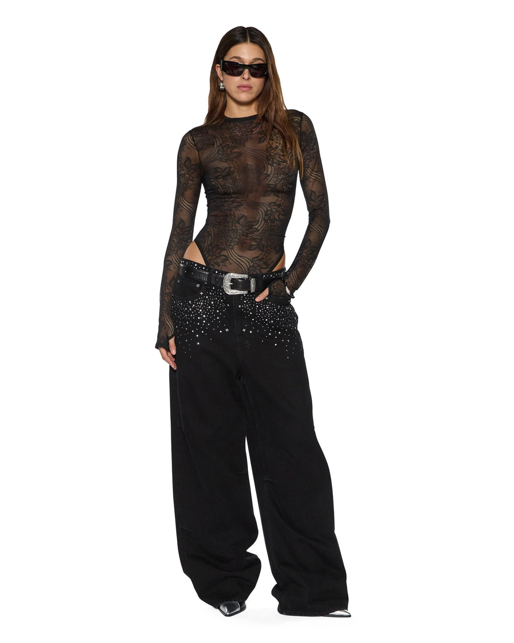 Womens Adele Ls Bodysuit Black Lace Fitted Fashion Tops - Black