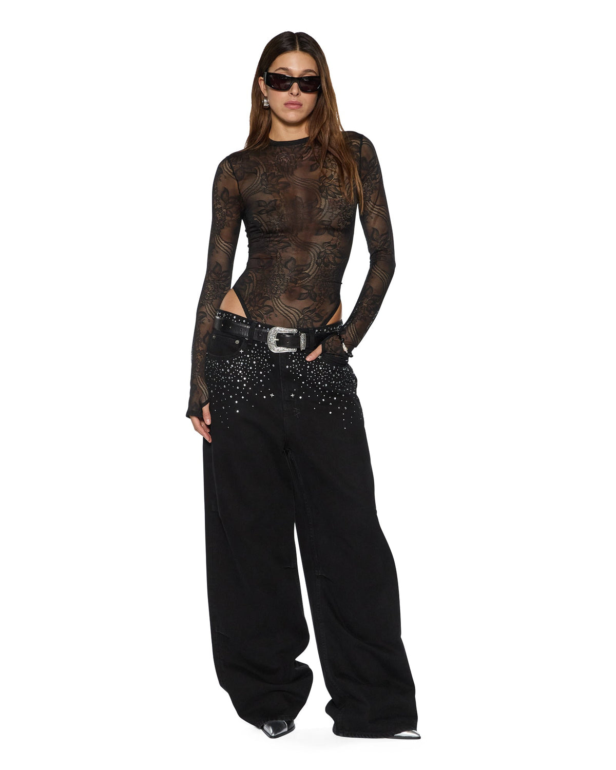 Womens Adele Ls Bodysuit Black Lace Fitted Fashion Tops - Black