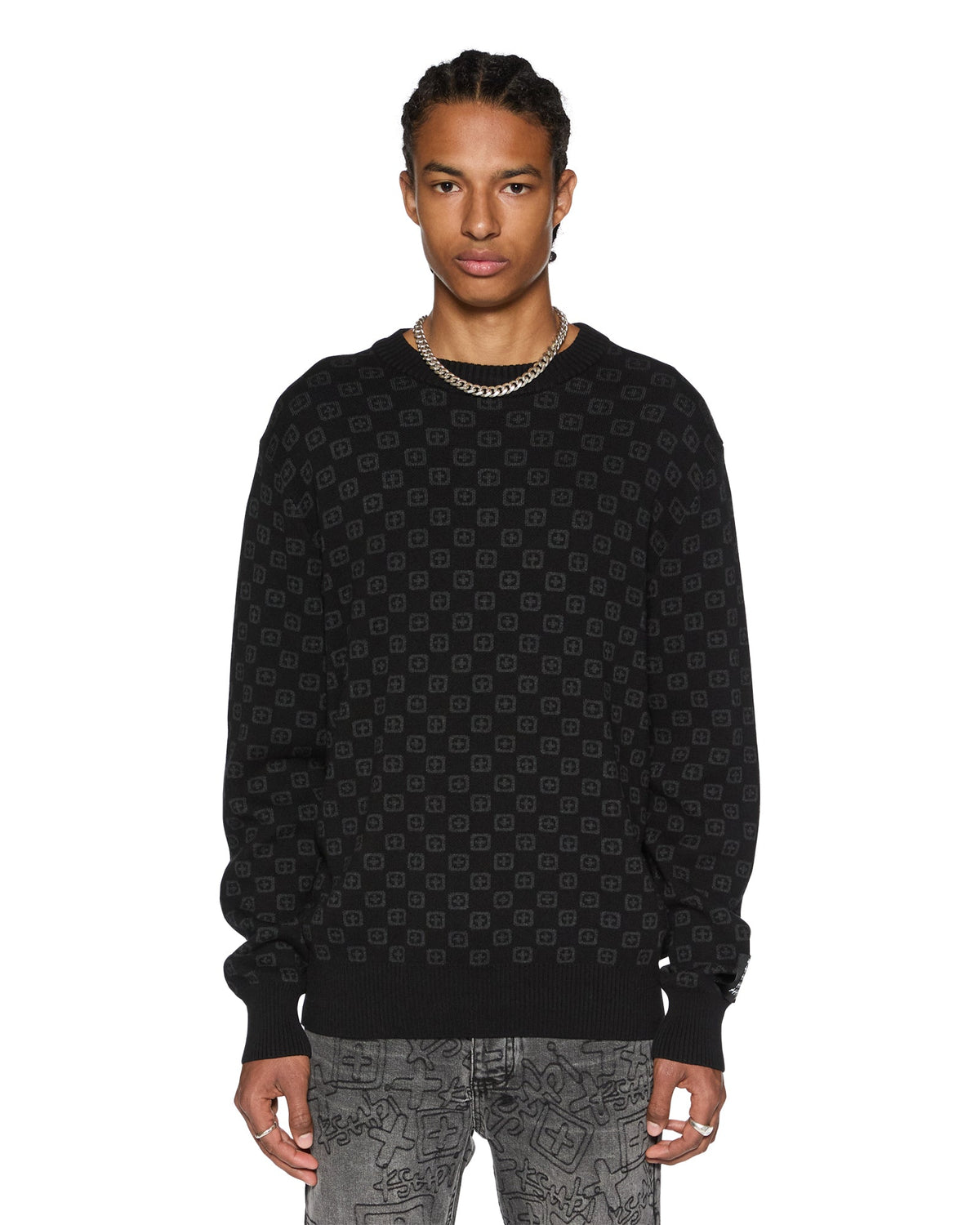 Mens Box Knit Crew Washed Black Regular Knitwear - Black