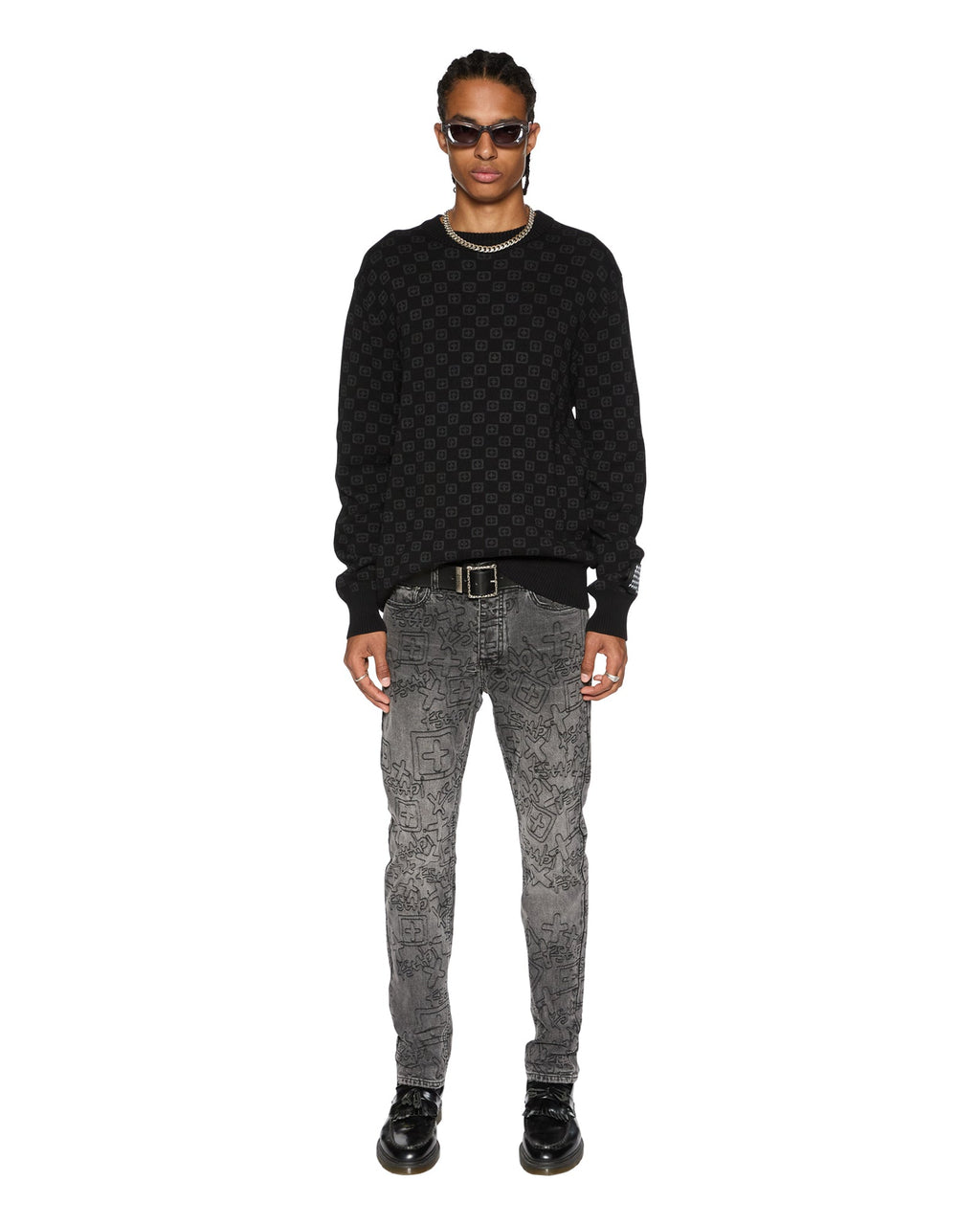 Mens Box Knit Crew Washed Black Regular Knitwear - Black