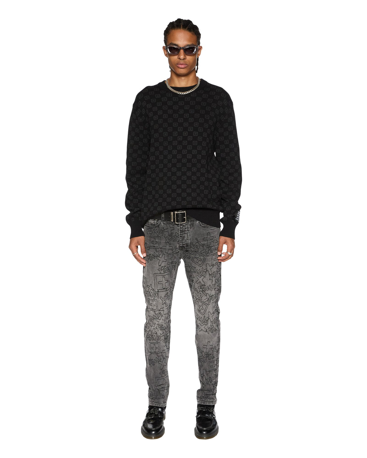 Mens Box Knit Crew Washed Black Regular Knitwear - Black
