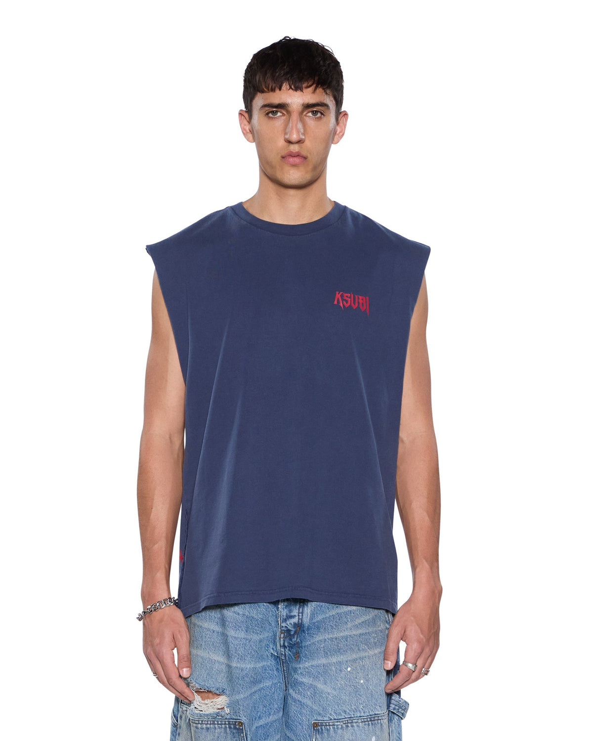 Mens Kingdom Cut Off Biggie Deep Blue Regular Tees - Blue