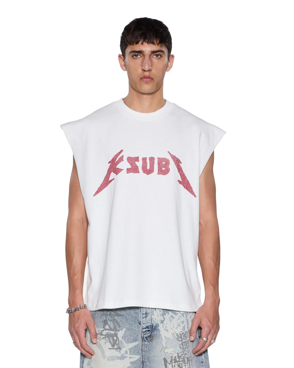 Mens Line Up Ekcess Cut Off Tee White/red Oversized Tees - White