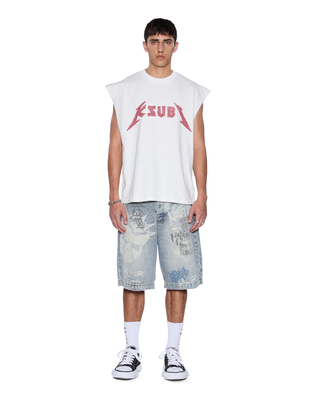 Mens Line Up Ekcess Cut Off Tee White/red Oversized Tees - White