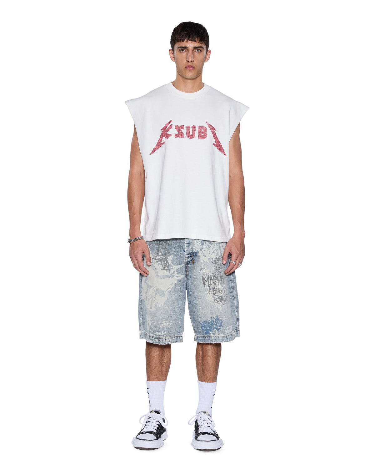 Mens Line Up Ekcess Cut Off Tee White/red Oversized Tees - White