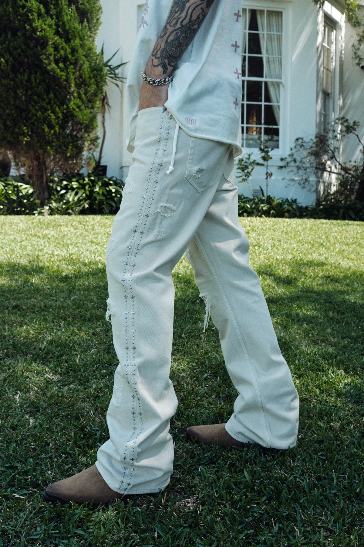 Mens Bronko Ivory Trashed Bootcut Denim Jeans - Beige
