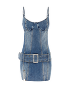 Womens Dauphine Belted Mini Aged Fitted Dresses - Denim
