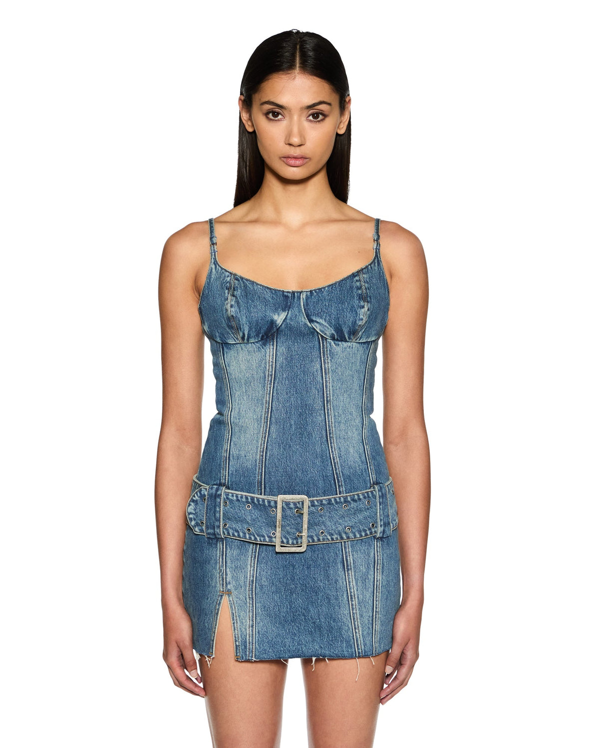 Womens Dauphine Belted Mini Aged Fitted Dresses - Denim