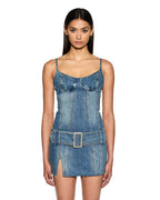 Womens Dauphine Belted Mini Aged Fitted Dresses - Denim