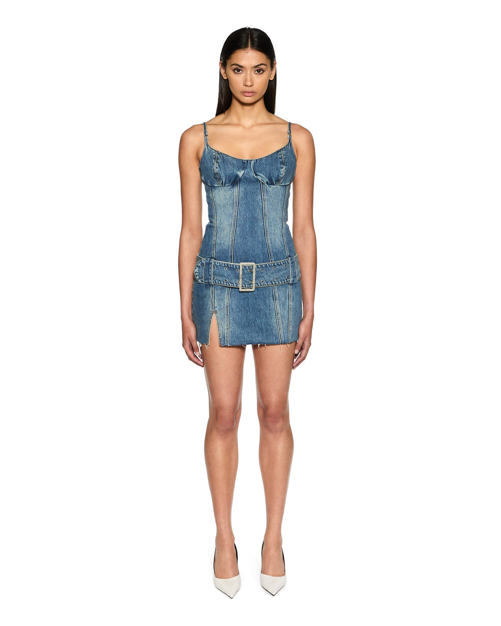 Womens Dauphine Belted Mini Aged Fitted Dresses - Denim