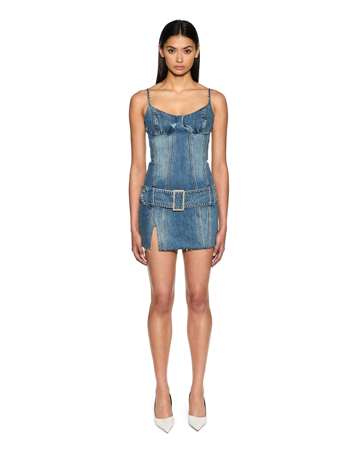 Womens Dauphine Belted Mini Aged Fitted Dresses - Denim