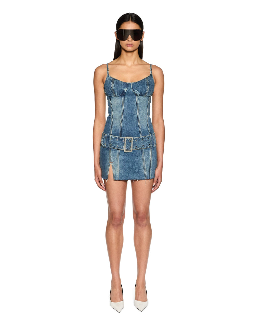 Womens Dauphine Belted Mini Aged Fitted Dresses - Denim