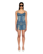 Womens Dauphine Belted Mini Aged Fitted Dresses - Denim