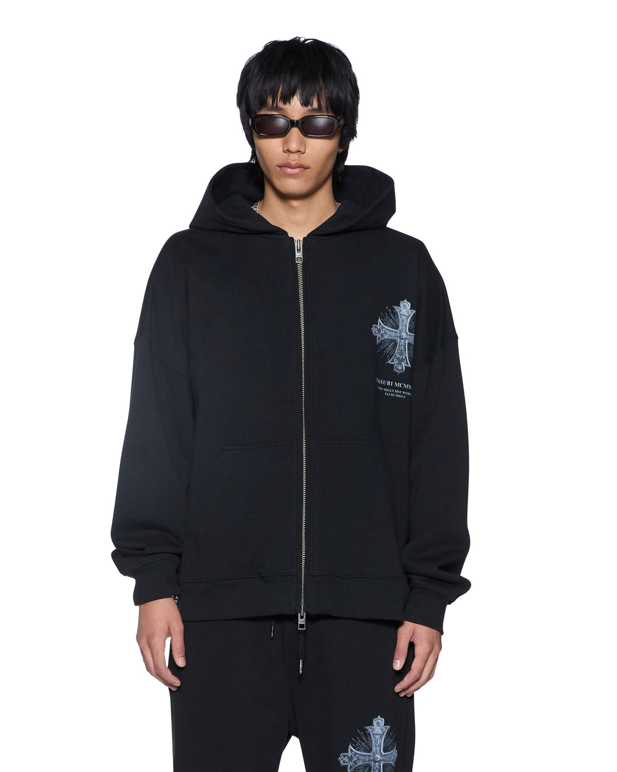 Mens False Idols Ekcess Zip Hoodie Jet Black Oversized Fleece - Black