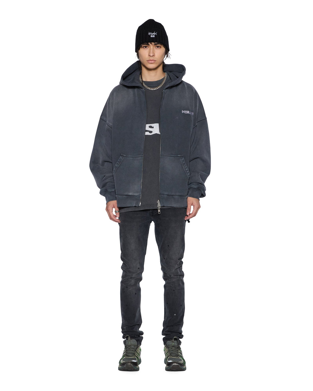 Mens Ace Ekcess Zip Thru Hoodie Black Fade Oversized Fleece - Grey