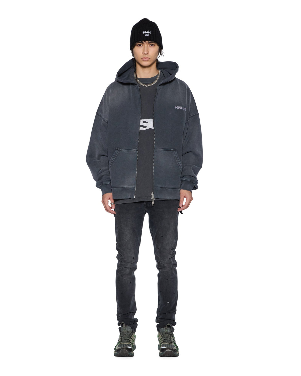 Mens Ace Ekcess Zip Thru Hoodie Black Fade Oversized Fleece - Grey