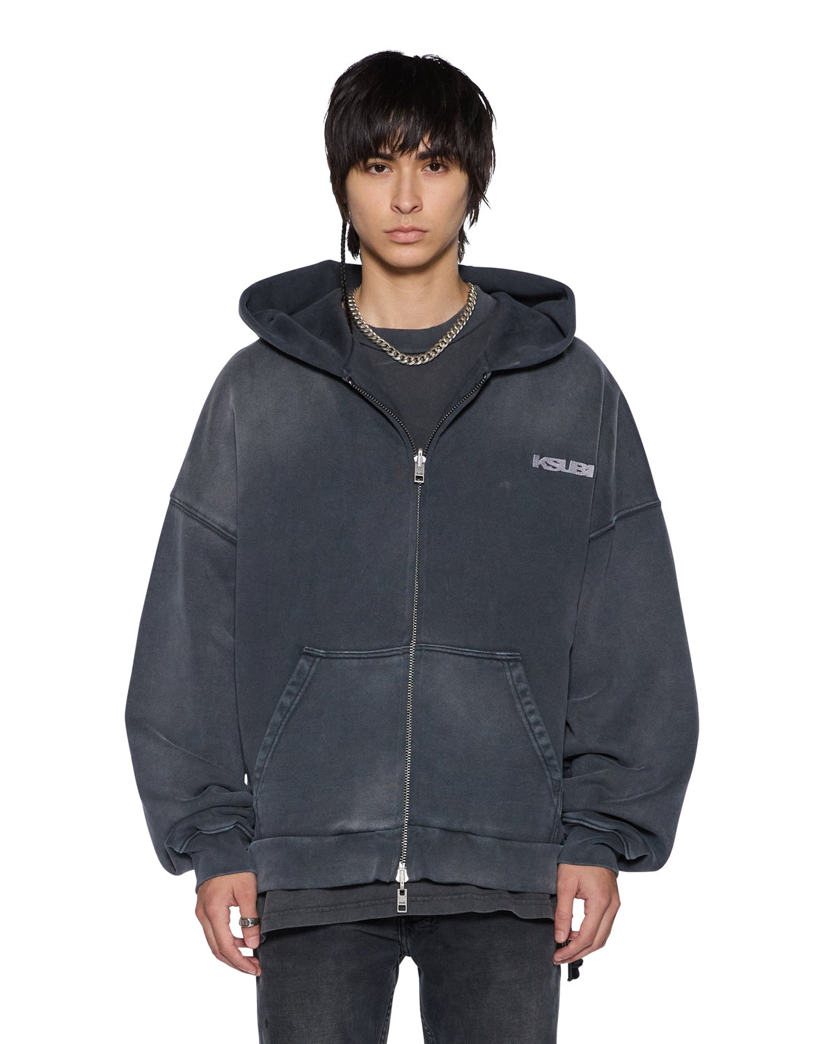 Mens Ace Ekcess Zip Thru Hoodie Black Fade Oversized Fleece - Grey