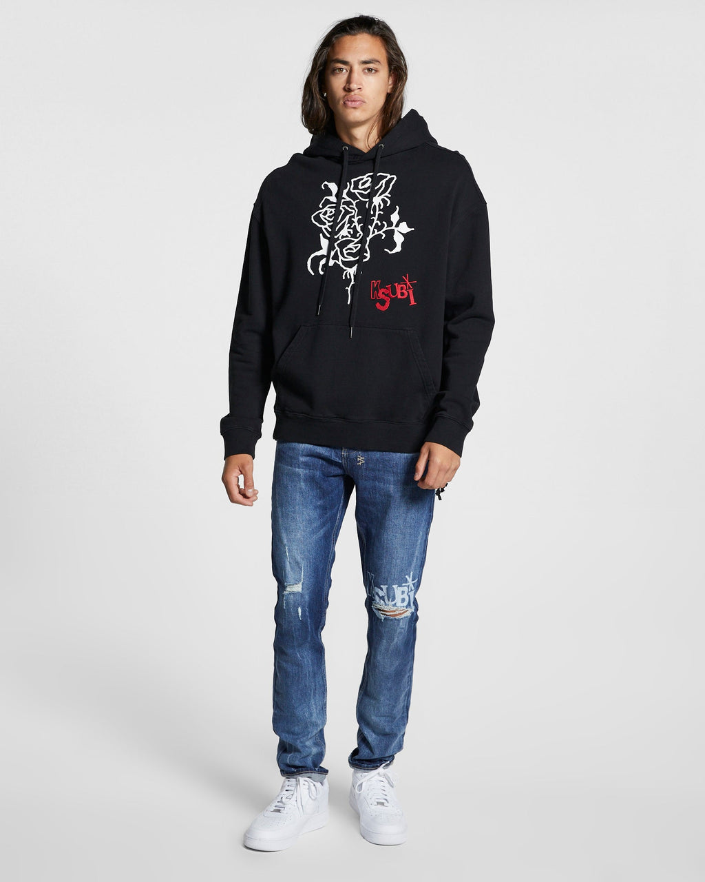 Mens Rose Biggie Hoodie Jet Black Oversized Fleece - Black
