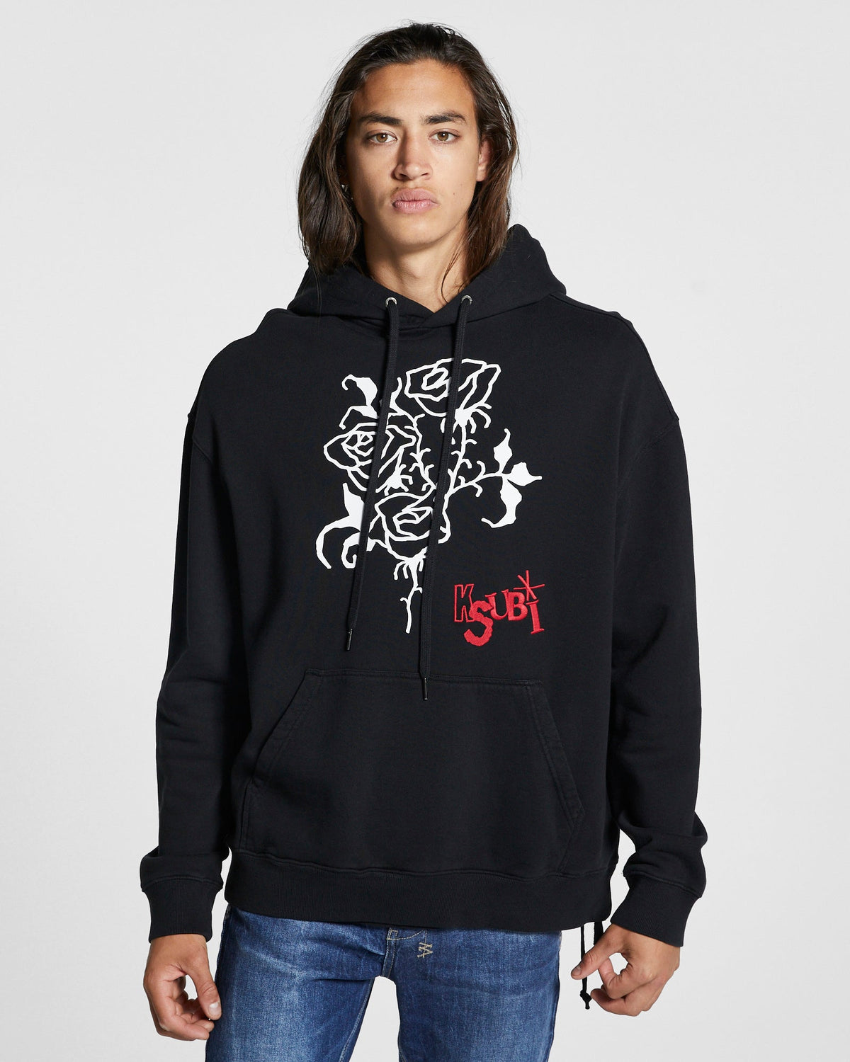 Mens Rose Biggie Hoodie Jet Black Oversized Fleece - Black