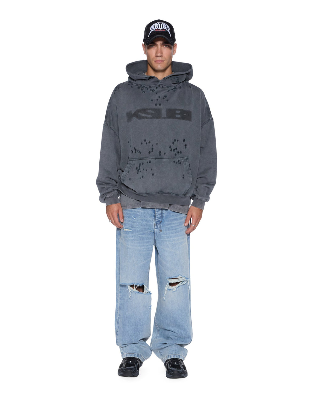 Mens Blasted Ekcess Hoodie Rhino Oversized Fleece - Black
