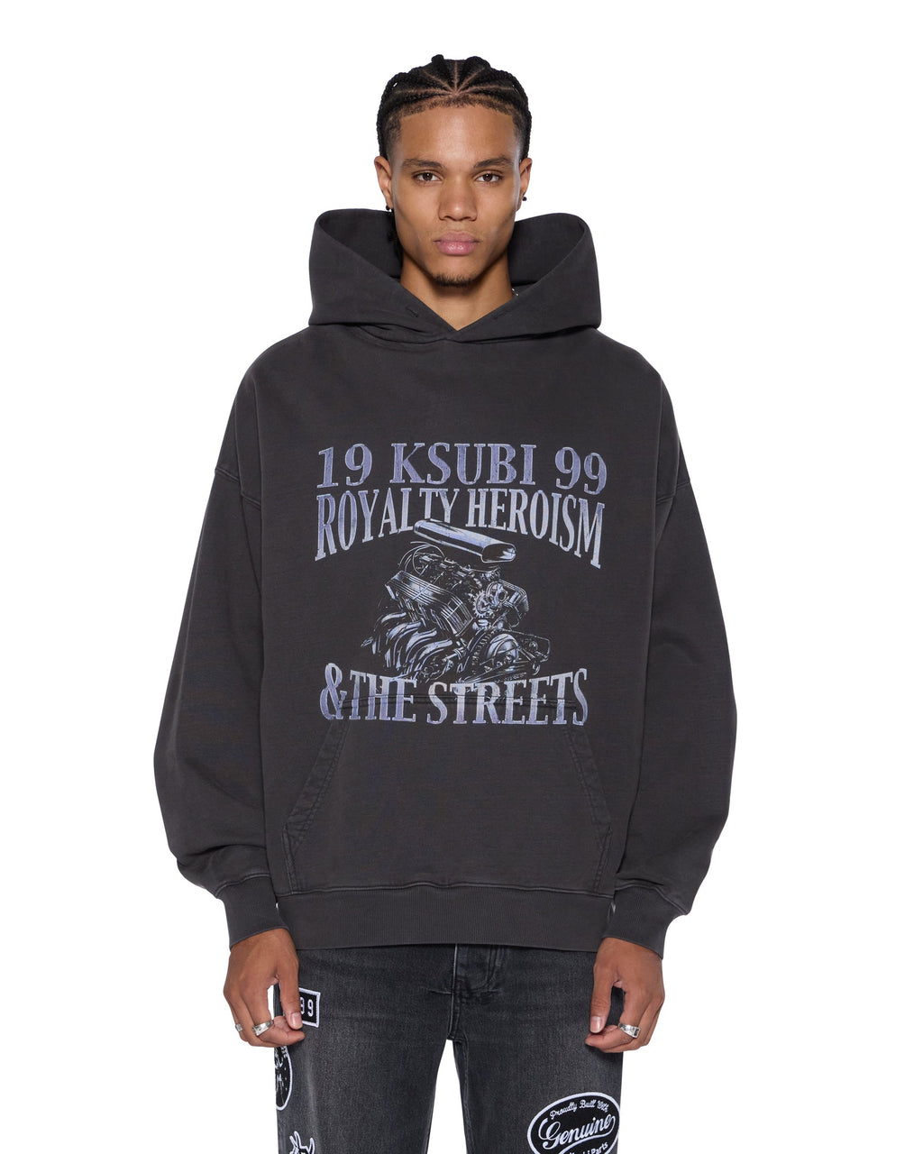 Mens Engine Ekcess Hoodie Faded Black Oversized Fleece - Black