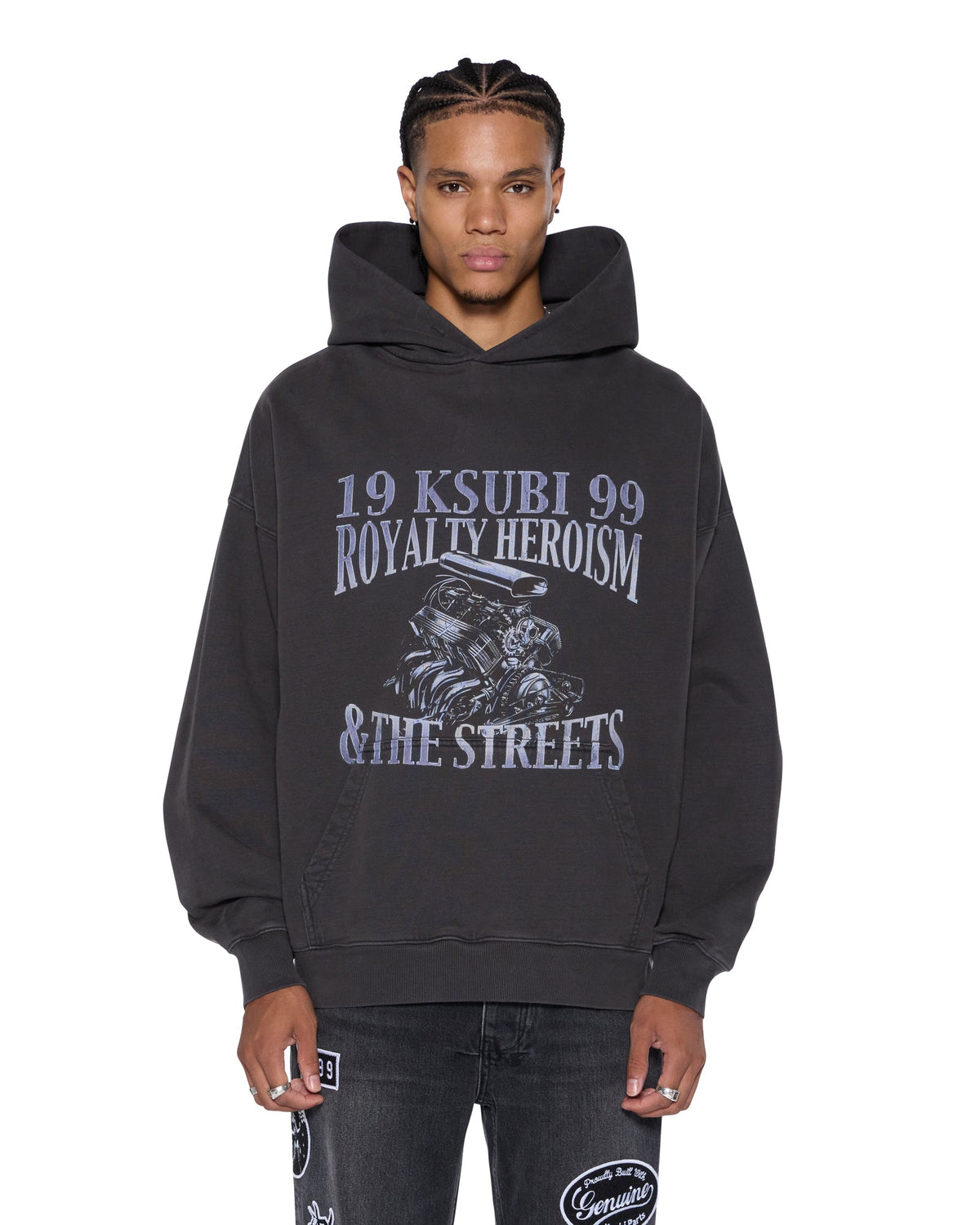 Mens Engine Ekcess Hoodie Faded Black Oversized Fleece - Black