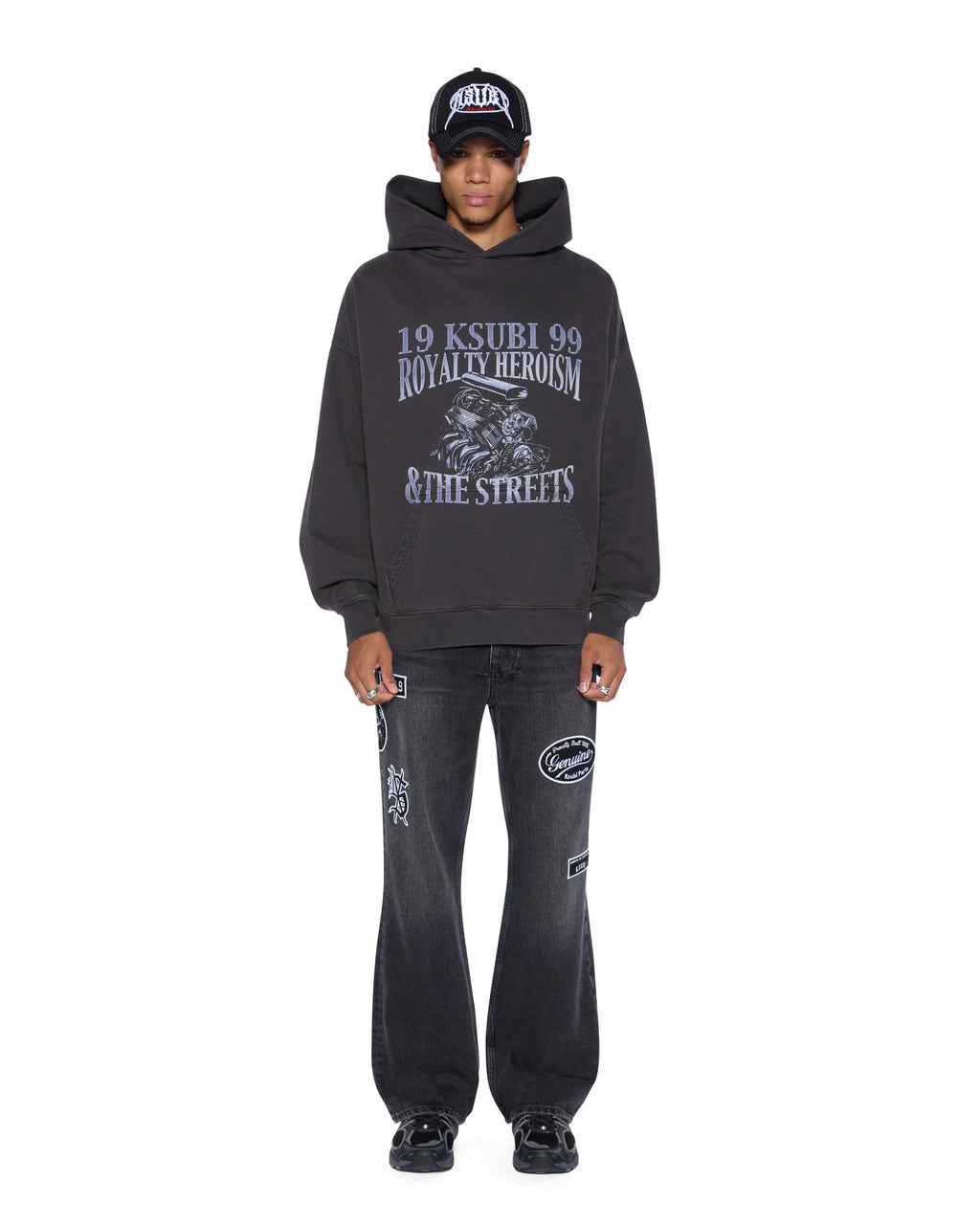 Mens Engine Ekcess Hoodie Faded Black Oversized Fleece - Black