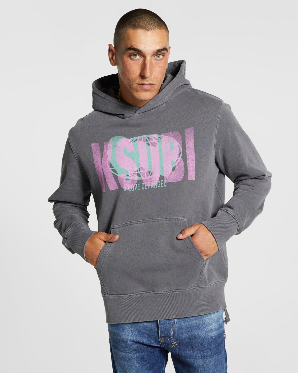 Mens Deranged Kash Hoodie Charcoal Regular Fleece - Grey