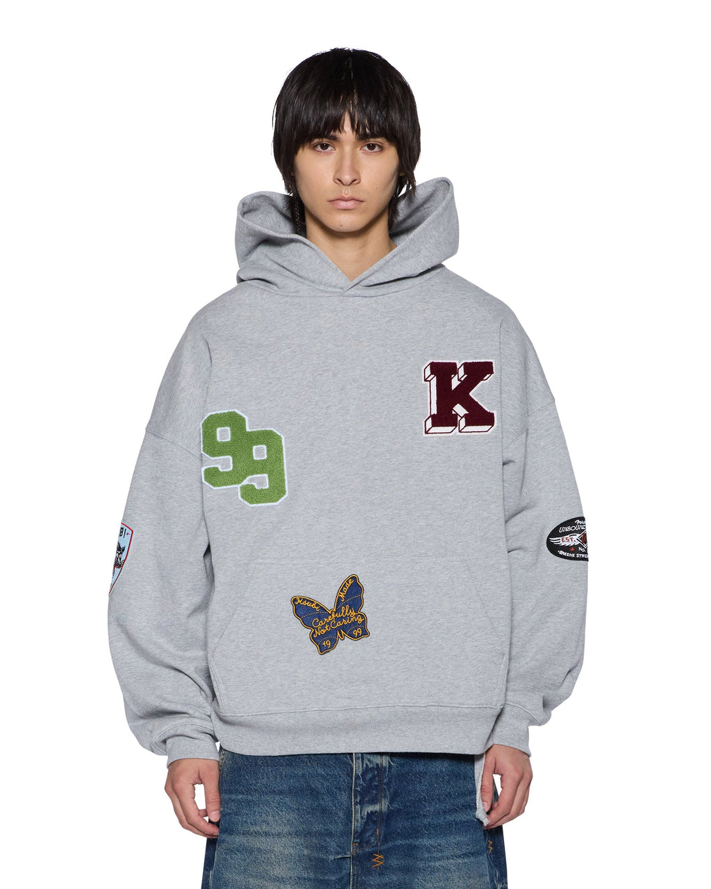 Mens Patched Ekcess Hoodie Grey Marle Oversized Fleece - Grey