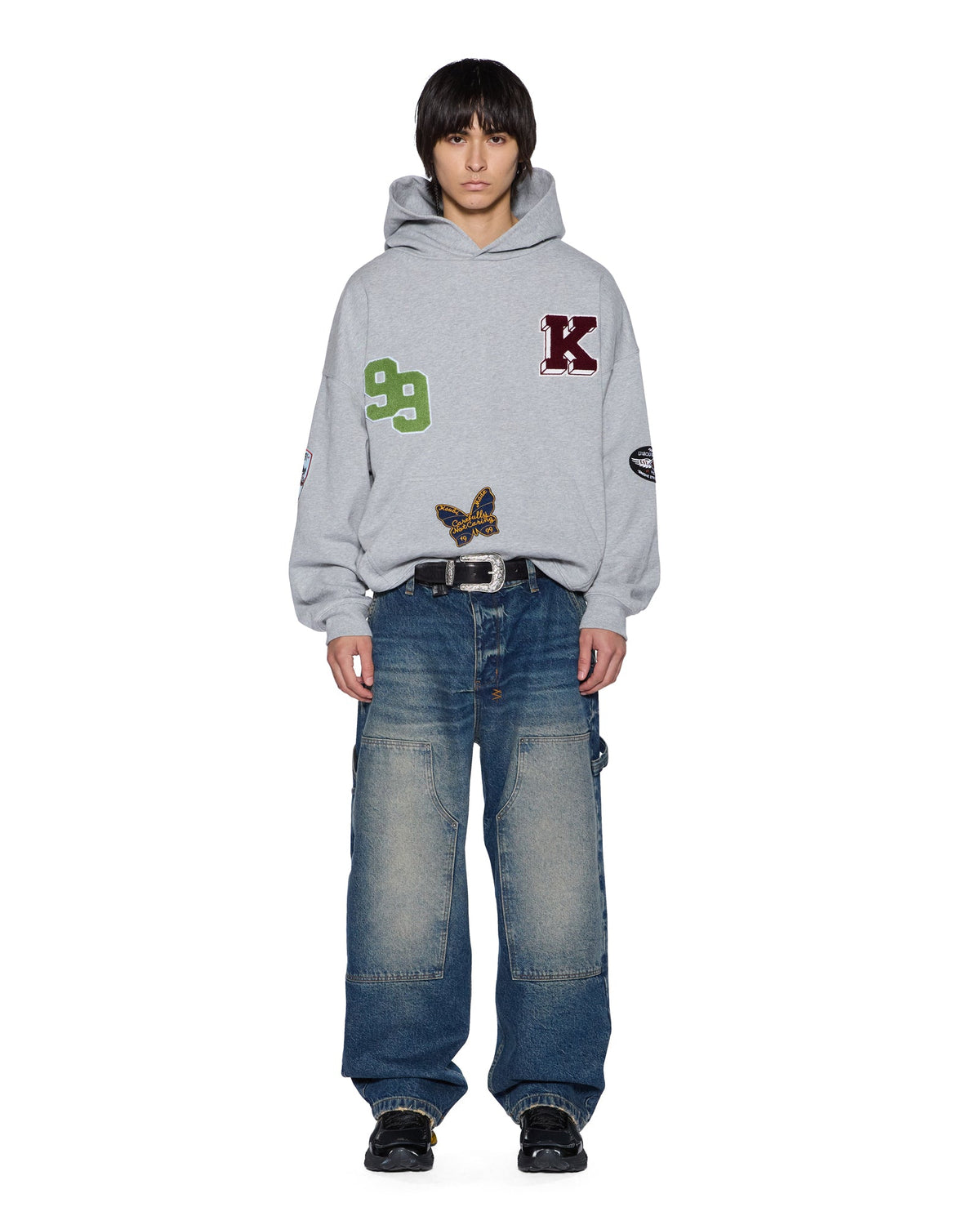 Mens Patched Ekcess Hoodie Grey Marle Oversized Fleece - Grey