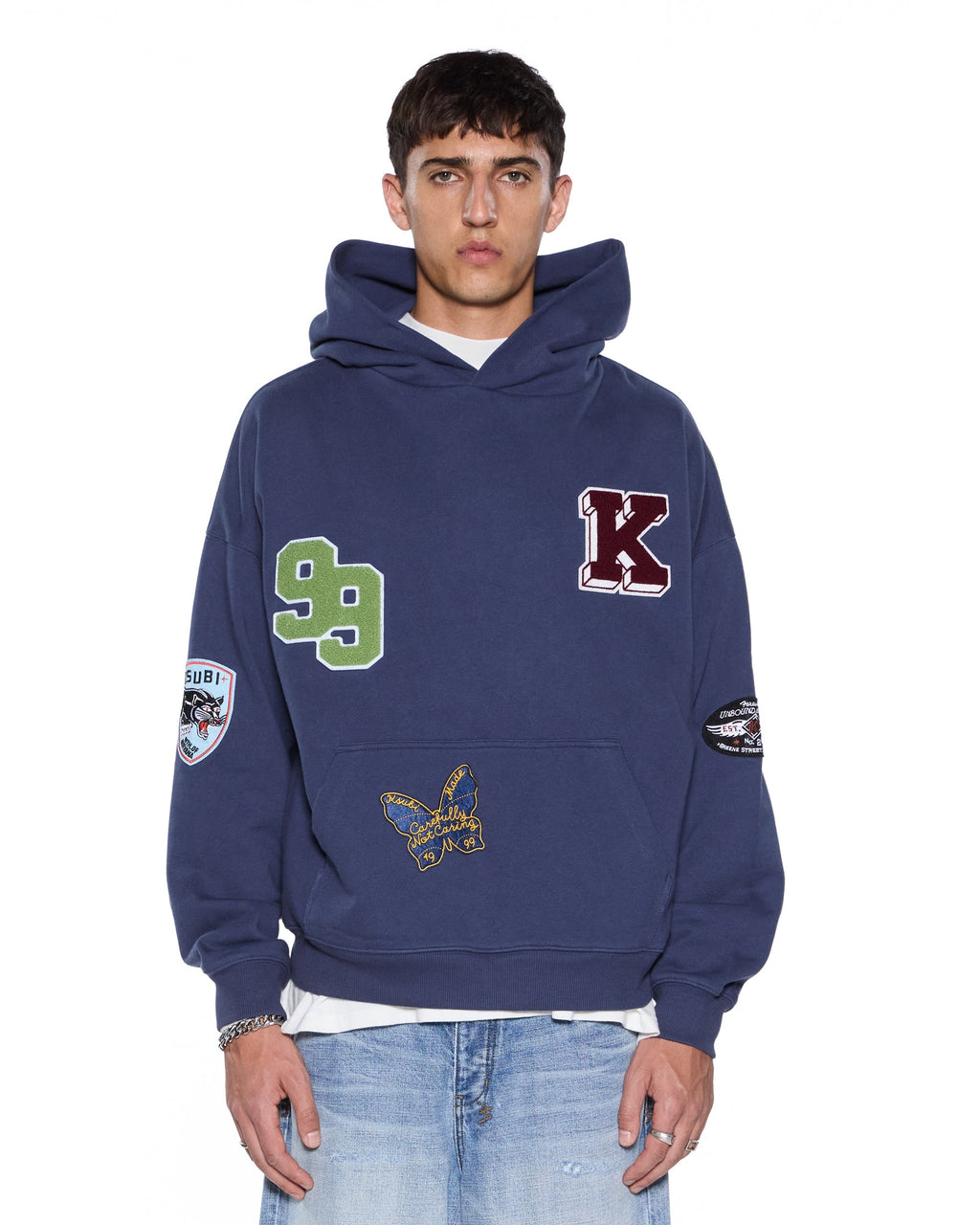 Mens Patched Ekcess Hoodie Navy Oversized Fleece - Navy