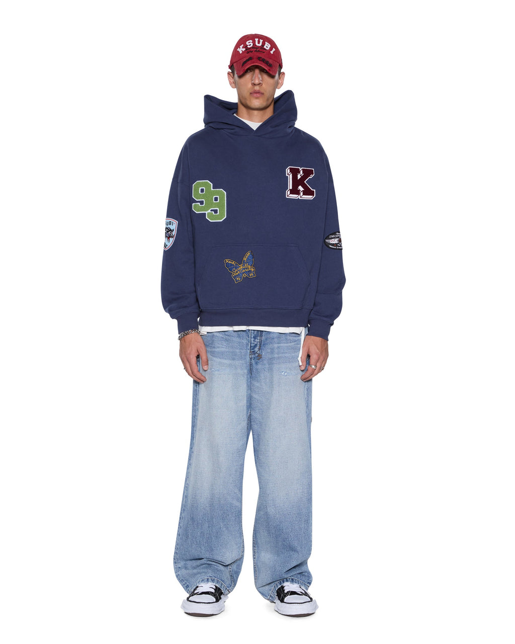 Mens Patched Ekcess Hoodie Navy Oversized Fleece - Navy