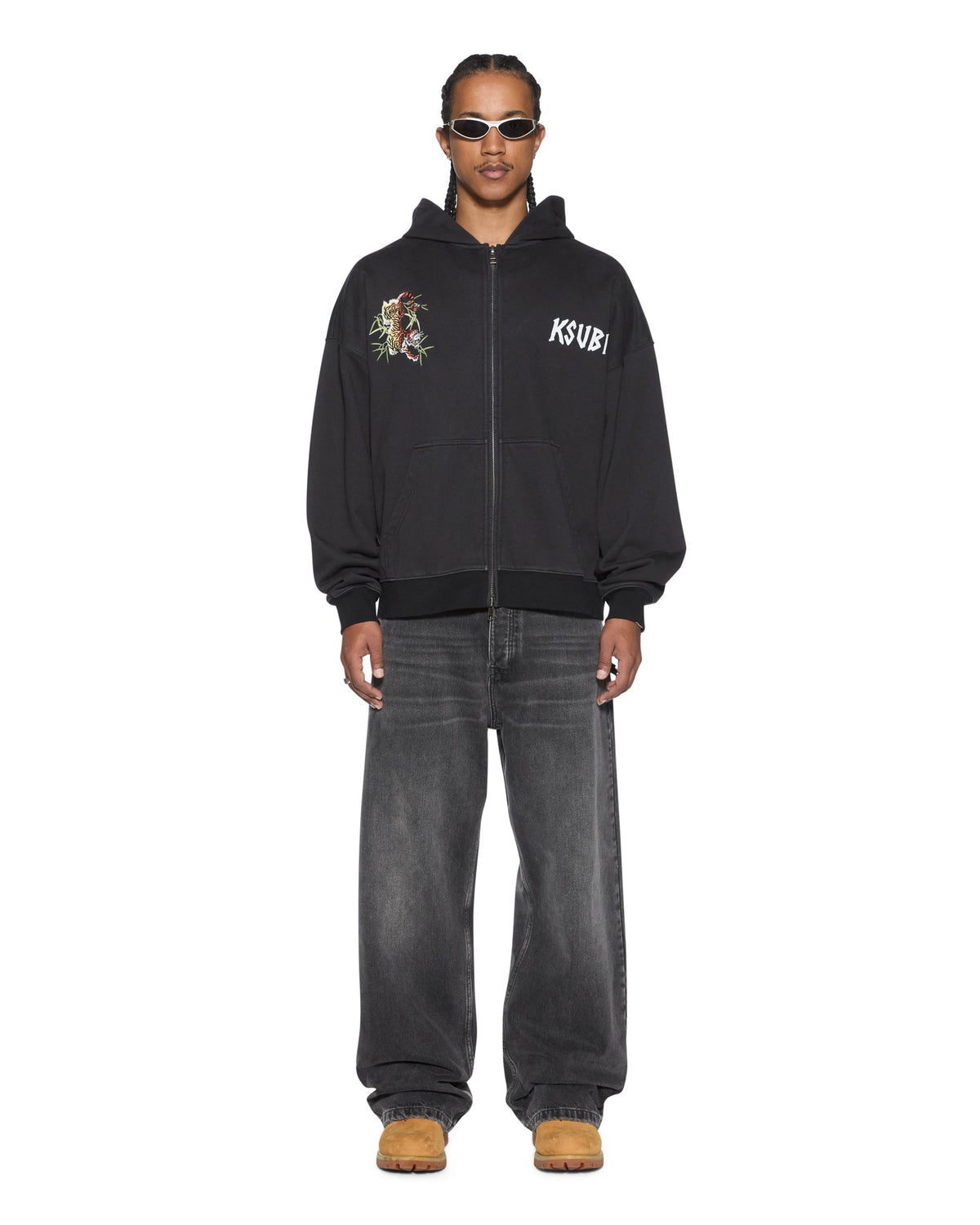 Mens Stay Up Ekcess Zip Hoodie Faded Black Oversized Fleece - Black