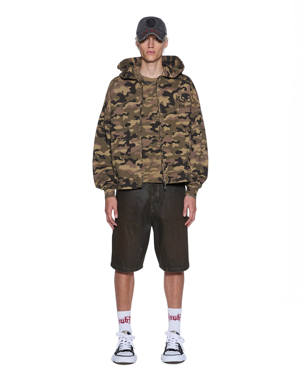 Mens Zip Thru Halen Hoodie Camo Baggy Fleece - Green