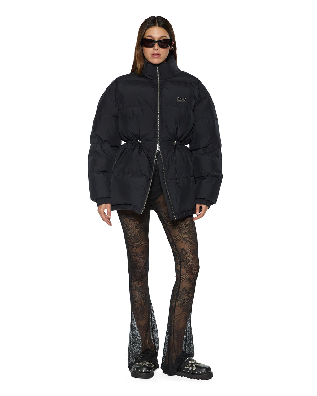 Womens Cinched Puffer Black Regular Jackets - Black
