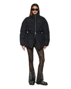 Womens Cinched Puffer Black Regular Jackets - Black