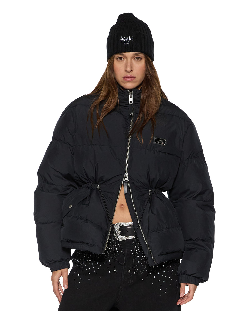 Womens Cinched Puffer Black Regular Jackets - Black