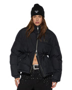 Womens Cinched Puffer Black Regular Jackets - Black