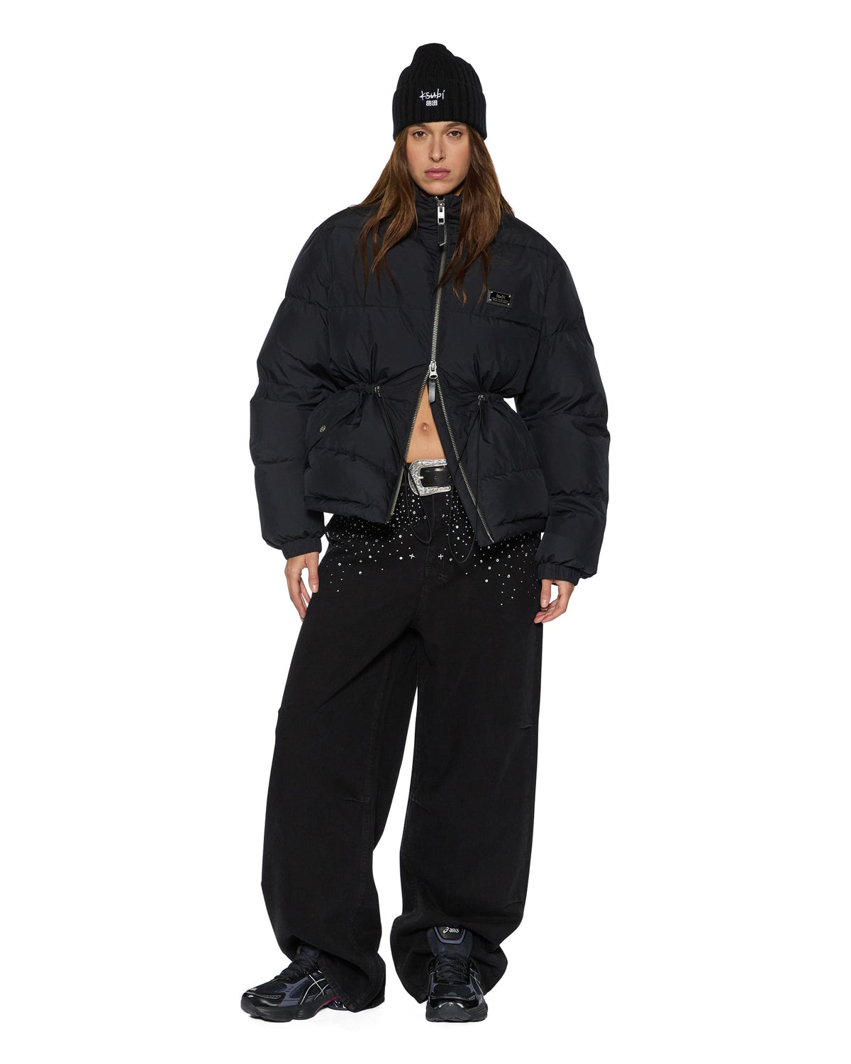 Womens Cinched Puffer Black Regular Jackets - Black
