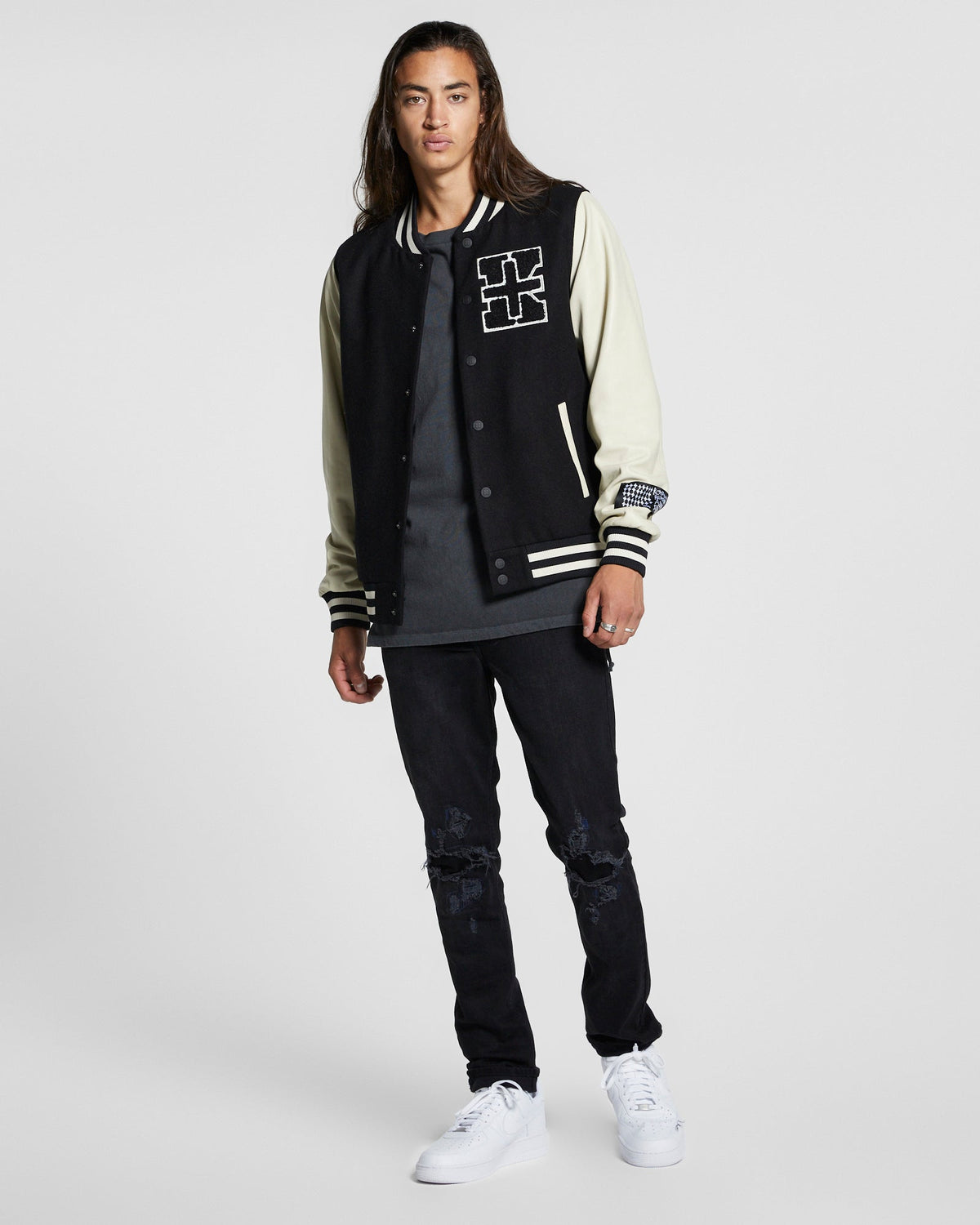 Mens King Patch Letterman Black Regular Jackets - Black