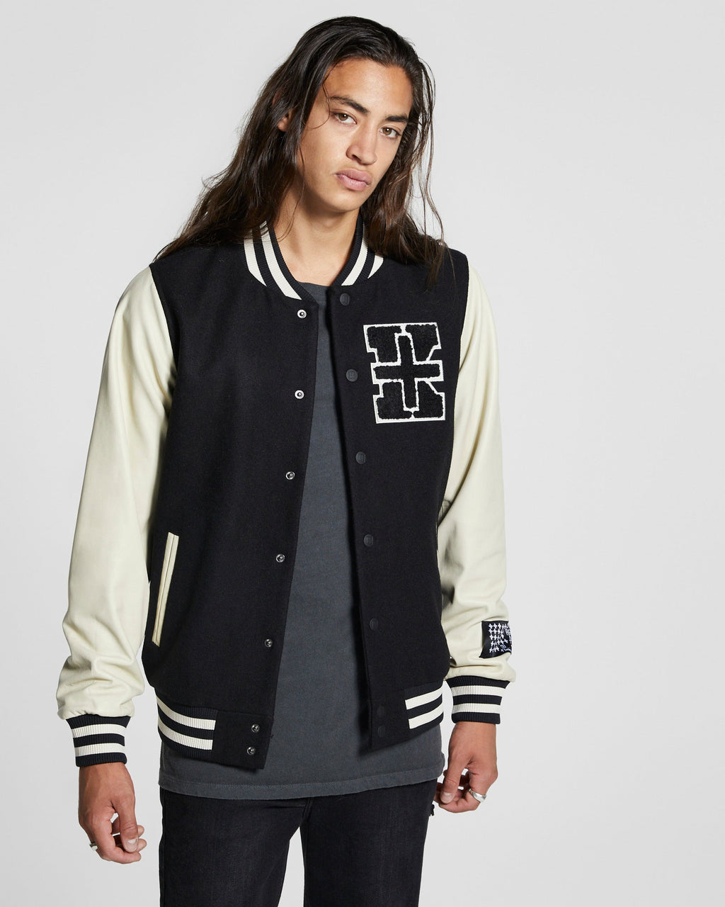 Mens King Patch Letterman Black Regular Jackets - Black