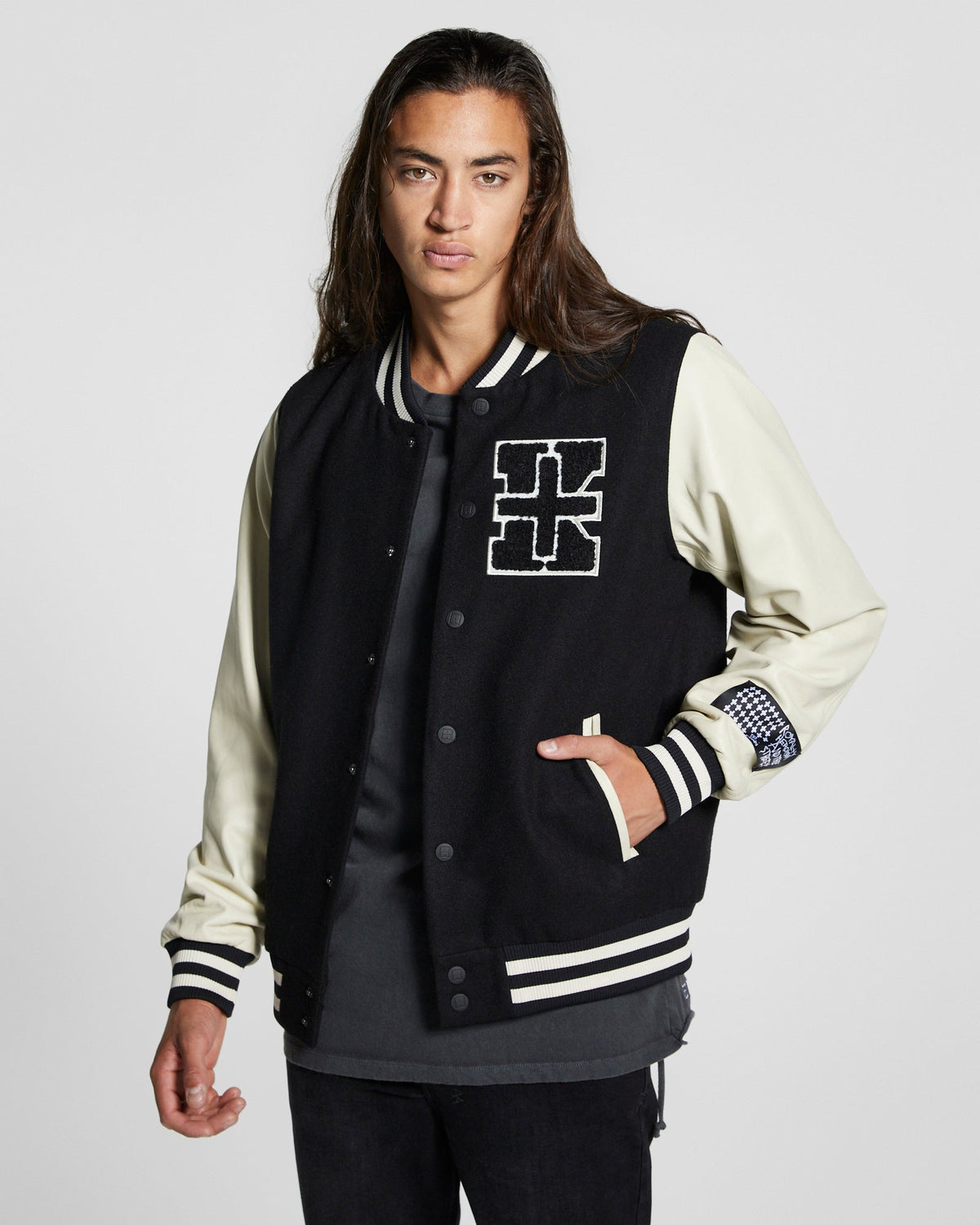Mens King Patch Letterman Black Regular Jackets - Black