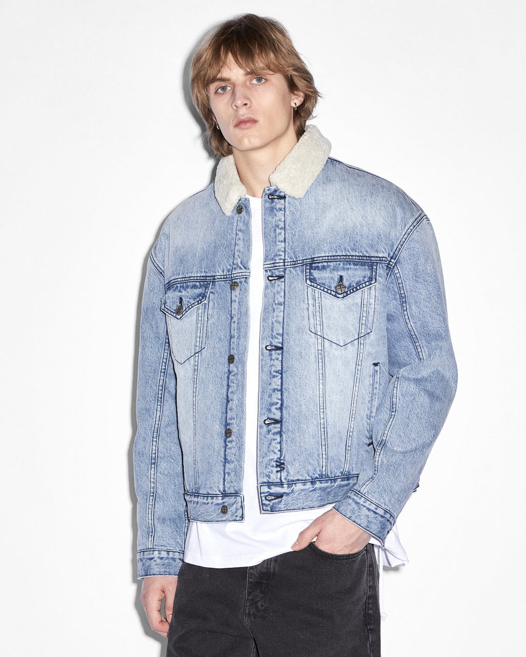 Mens Oh G Jacket Sherpa Mid Blue Oversized Jackets - Denim