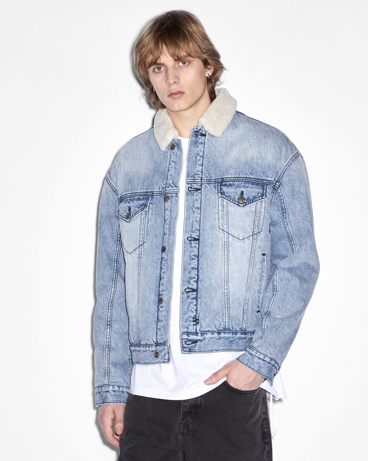 Mens Oh G Jacket Sherpa Mid Blue Oversized Jackets - Denim