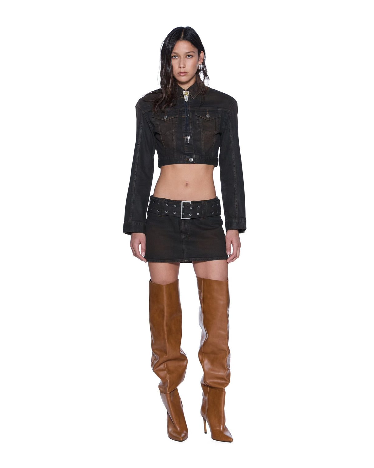 Womens Micro Mini Skirt Belted Greased Regular Skirts - Brown