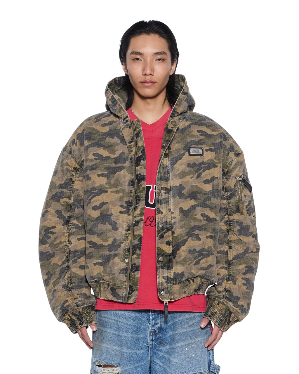 Mens Plated Bomber Jacket Camo Boxy Jackets - Green