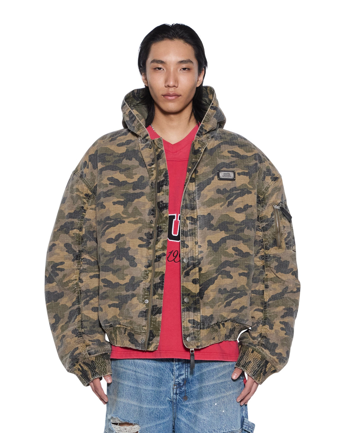 Mens Plated Bomber Jacket Camo Boxy Jackets - Green